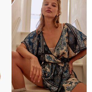 Free People NWOT Oasis Satin Faux Wrap Pajama Romper - S